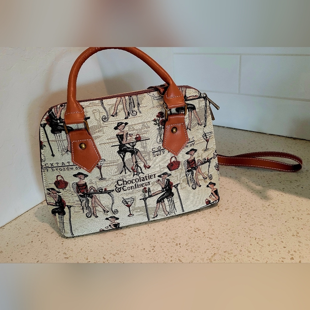 Signore Paris Bistro Print Satchel | Brown Cream Travel Style Purse - Picture 3 of 8